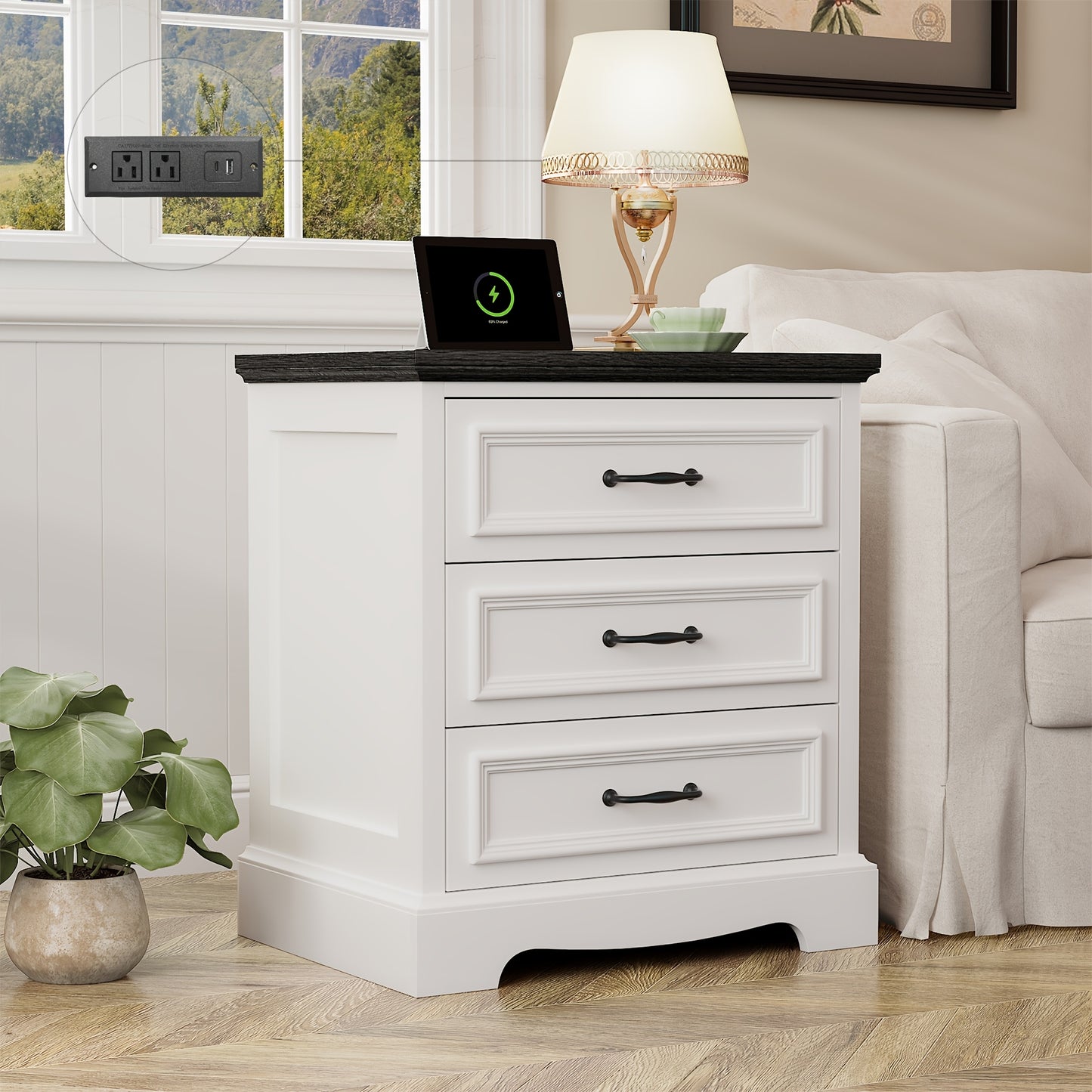 [Nightstand with Charging] Farmhouse Nightstand with Charging Station, White Bedside Table with 3 Drawers, Modern Side End Table for Bedroom, Living Room