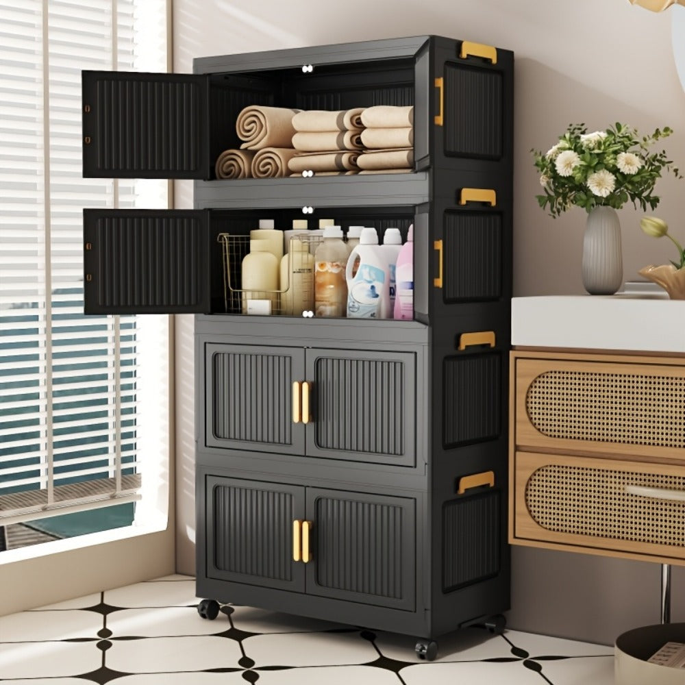 Foldable Storage Cabinet 3/4/5 Tier Stackable Plastic Boxes with Lids & Casters, Portable Modular Wardrobe Organizer for Bedroom Kitchen Living Room Entryway