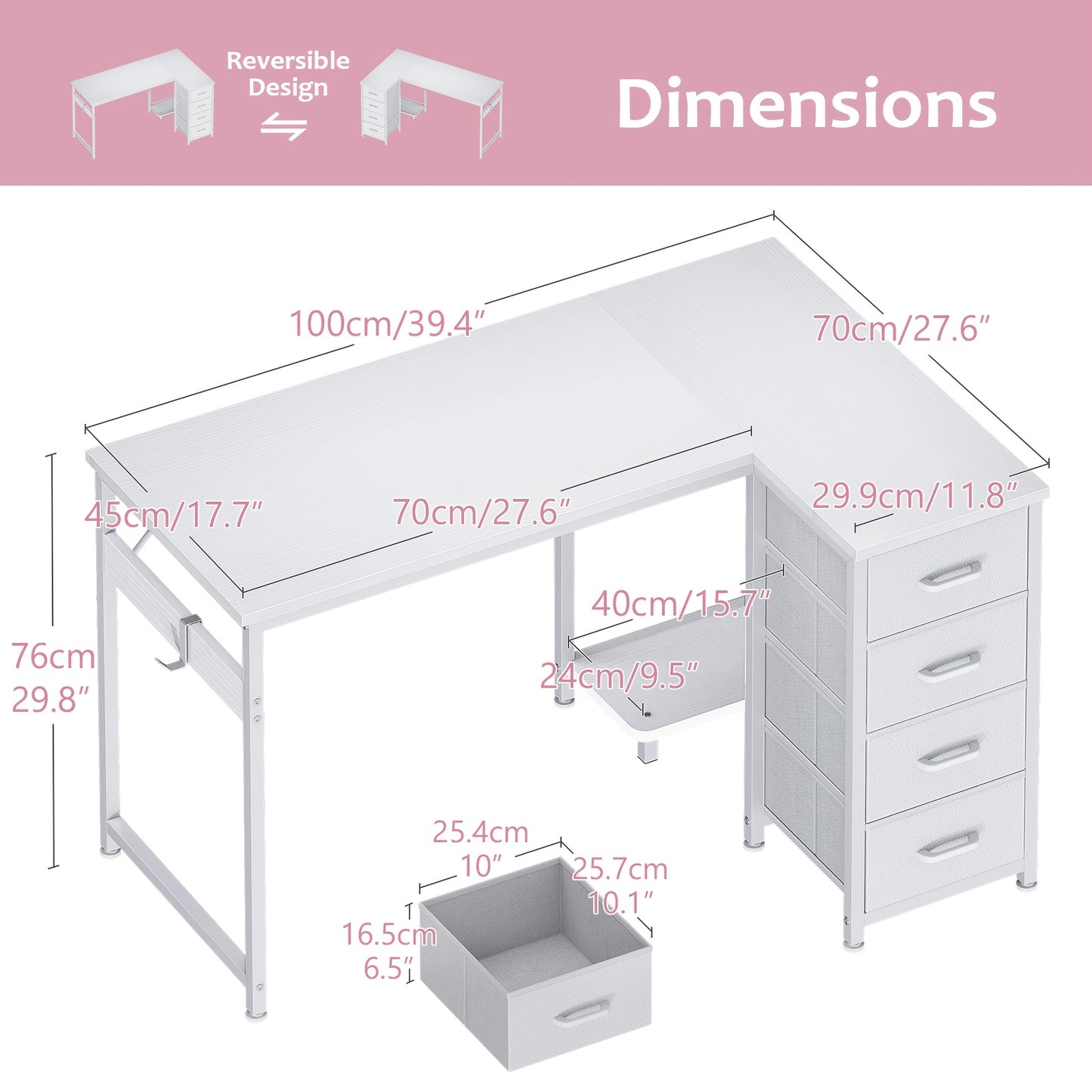 Reversible L Shaped Vanity Desk with 4 Drawers, Small White Computer Desk & Vanity Table with Storage, Study Desk with Hook, Corner Desk for Home Office