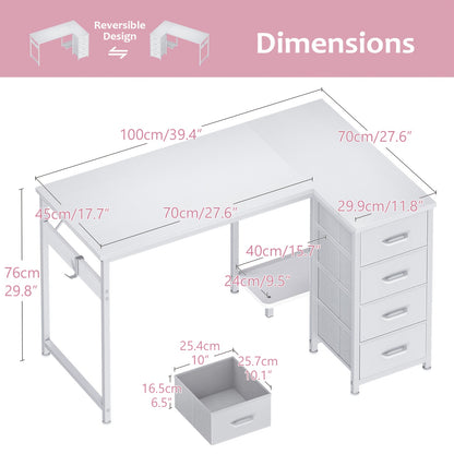 Reversible L Shaped Vanity Desk with 4 Drawers, Small White Computer Desk & Vanity Table with Storage, Study Desk with Hook, Corner Desk for Home Office