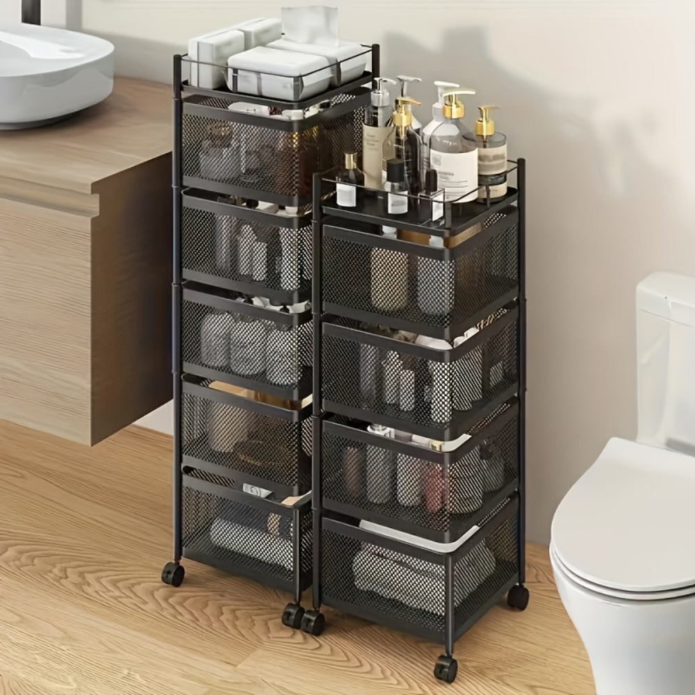 5-Tier Rotating Storage Rack with Wheels – Metal Rolling Cart for Kitchen, Bathroom & Garage – Fruit Vegetable Basket Utility Shelves