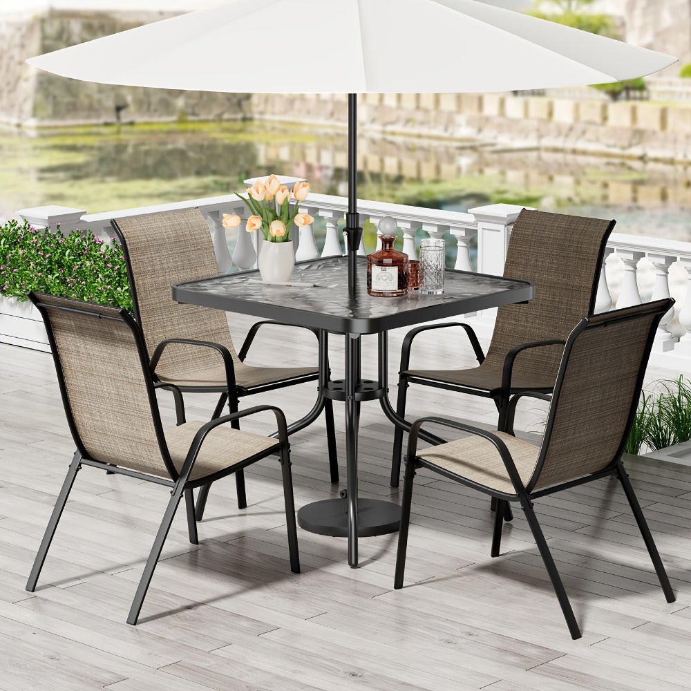 Patio Dining Set 5 Piece Stackable Textilene Chairs Glass Table All-Weather Outdoor Furniture for Courtyard Garden Lawn Backyard Poolside with Umbrella Hole