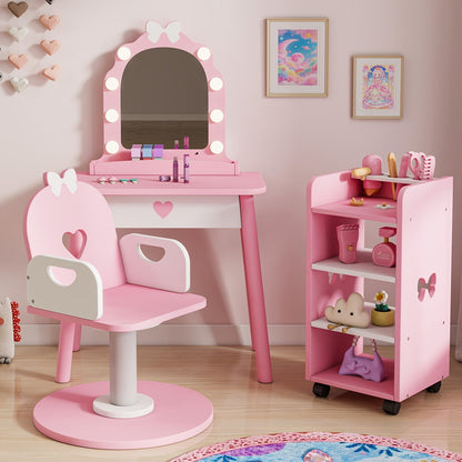 Kids Vanity Set with Light and Barber Chair, Pink Makeup Dressing Vanity Table with Storage Shelf and Hair Salon Play Set 7pcs Accessories, Pretend Play Vanity Set for Toddler Girls