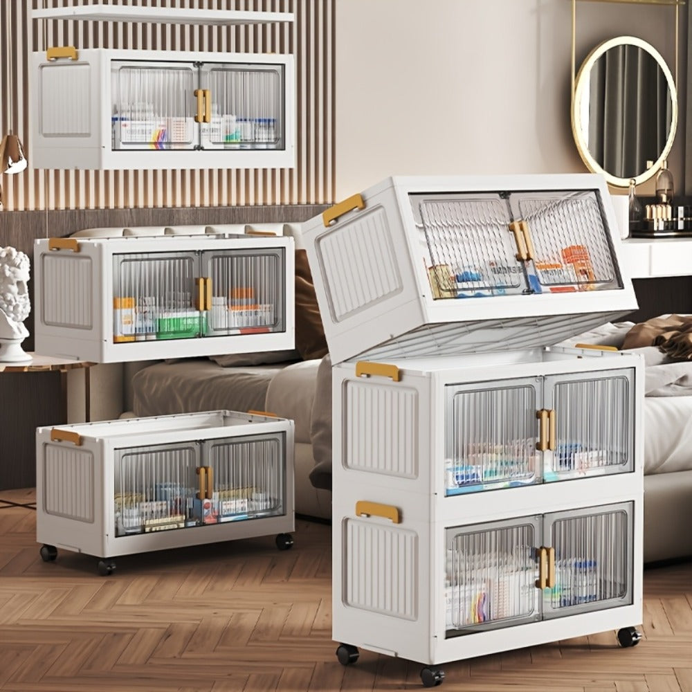50CM-19.7" Large Capacity Foldable Medicine Cabinets with Lid, 3/4/5/6 Tier Stackable Medicine Box/Organizer with Casters, Multi-Purpose Cube Storage, Toilet Paper Storage Container, for Home, Office, Dorm Organization & Storage (Transparent)