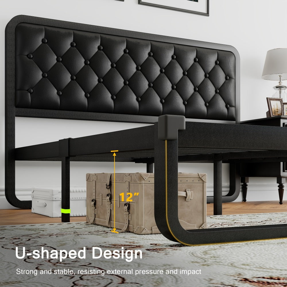 Platform Bed Frame with Button-Tufted Headboard – Black Faux Leather or Dark Grey Linen, 12-Inch Under Bed Storage, Full Queen