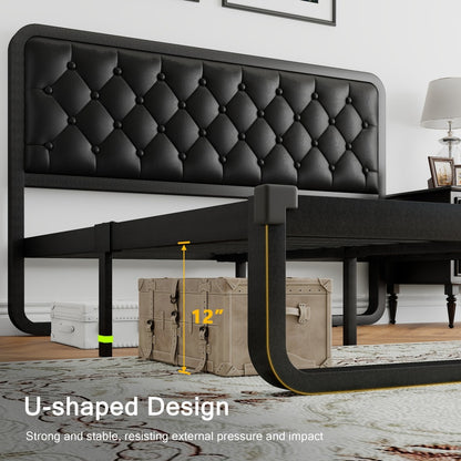 Platform Bed Frame with Button-Tufted Headboard – Black Faux Leather or Dark Grey Linen, 12-Inch Under Bed Storage, Full Queen