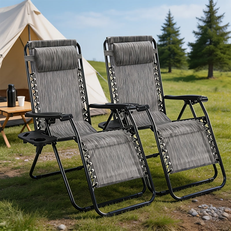 2pcs Zero Gravity Chairs, Outdoor Folding Recliner Lounge Chair, Breathable Fabric Adjustable Reclining Patio Chair With Cup Holder Trays & Headrest Pillow For Beach Camping Poolside Backyard Garden Lawn