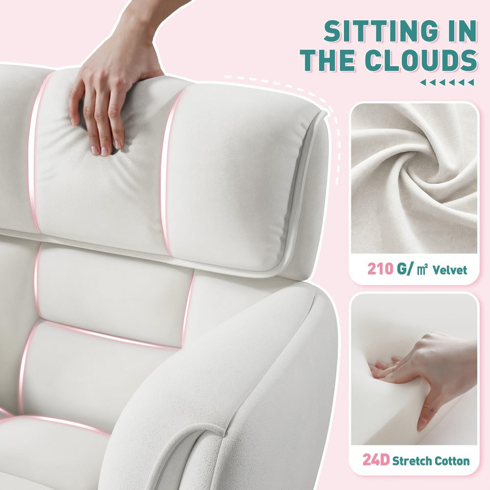 Vanity Chair for Bedroom with Mid-Back, Side Pockets & Wheels – Soft Upholstered Adjustable Height Swivel Desk Chair, Skin-Friendly Fluffy Fabric, White, Cream, Grey, Pink, Black