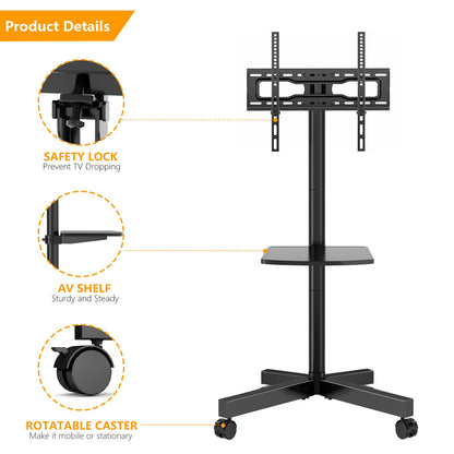 5Rcom Mobile Rolling TV Cart with Locking Wheels for 23-60 LCD LED Flat Screen/Curved Screen TVs with Max VESA 400x400mm, Adjustable Rolling Portable Floor Stand TV Trolley Holds up to 88lbs