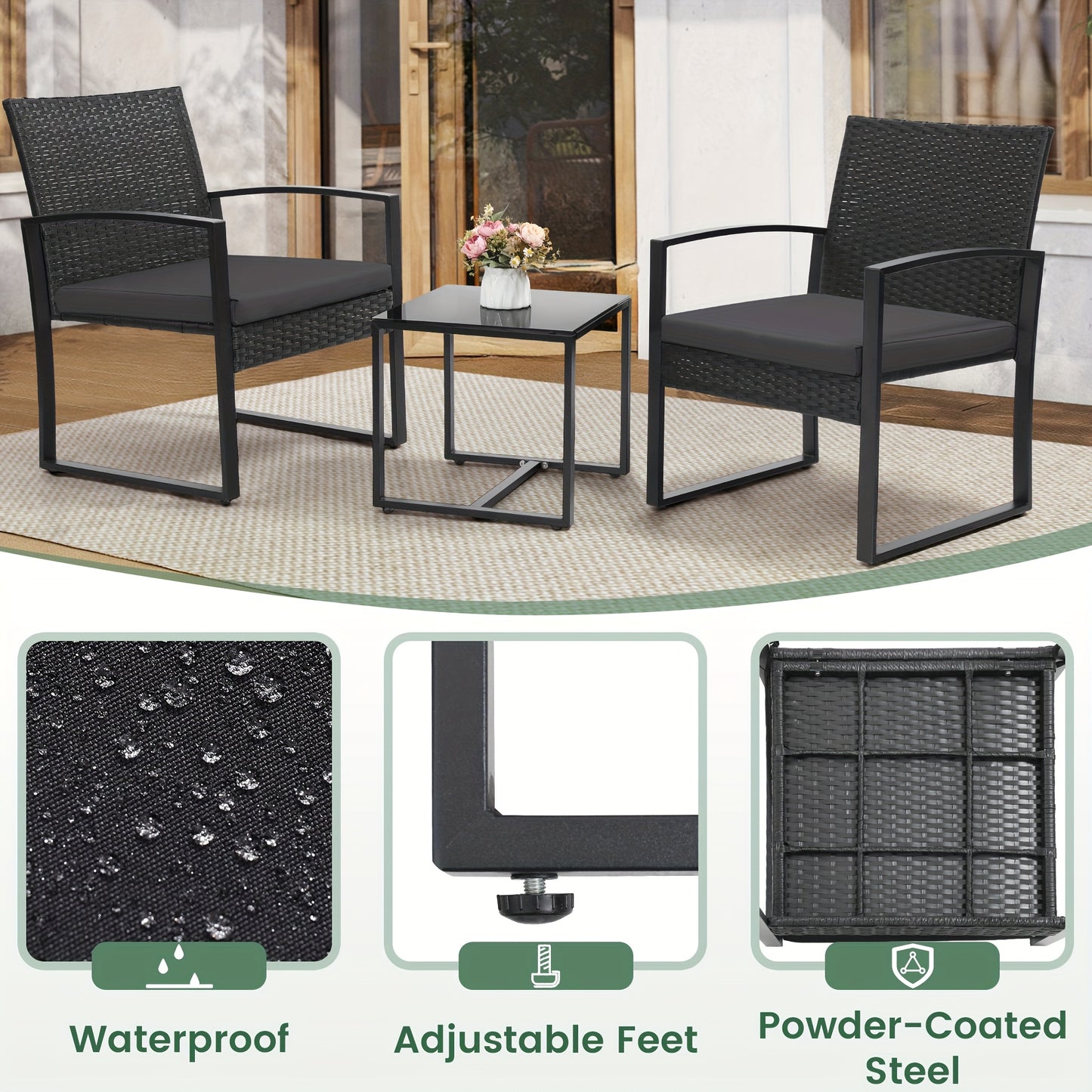 3pcs Outdoor Seating Arrangement Made of Wicker Rattan, Featuring Two Waterproof Chairs with Plush Cushions And a Bistro Table Topped with Safety Glass, on