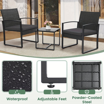 3pcs Outdoor Seating Arrangement Made of Wicker Rattan, Featuring Two Waterproof Chairs with Plush Cushions And a Bistro Table Topped with Safety Glass, on