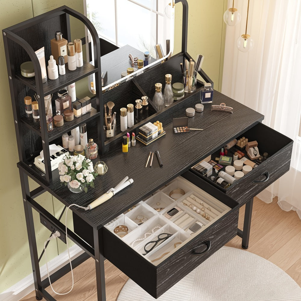 Vanity Desk with Lighted Mirror and Power Strip 5 Large Drawers 3 Color LED Lights Hair Dryer Rack Makeup Dressing Table Set Black White