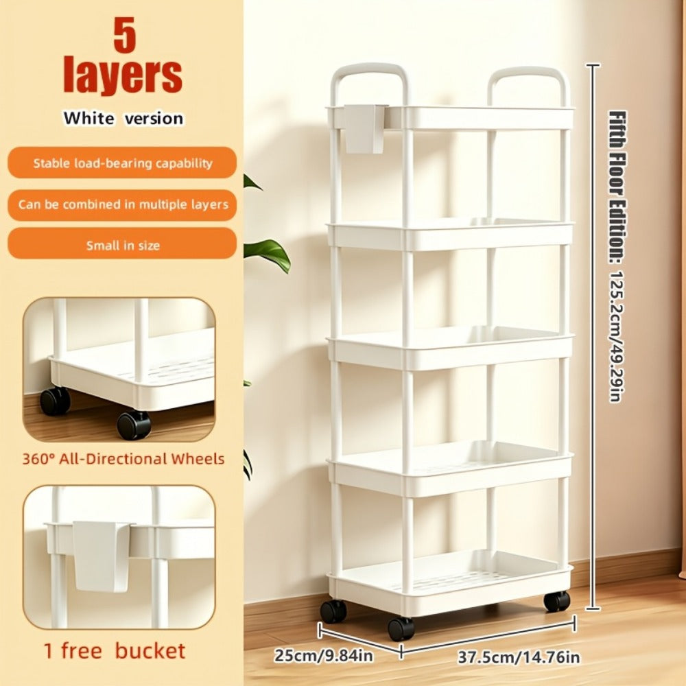 Rolling Utility Cart with Handle & Wheels, 3 4 or 5 Tier Plastic Storage Trolley for Office Kitchen Living Room Bathroom, Movable Multi-Functional Organizer Cart, White & Black
