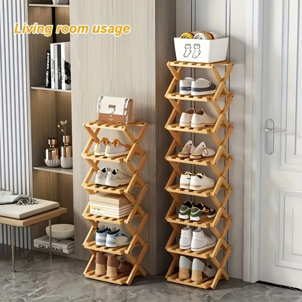 Bamboo Shoe Rack Foldable 2/6/7 Tier Entryway Organizer 20-Second Setup, Space-Saving Eco-Friendly Shoe Shelf for Hallway Closet Bedroom, Natural Charcoal No Tools Required