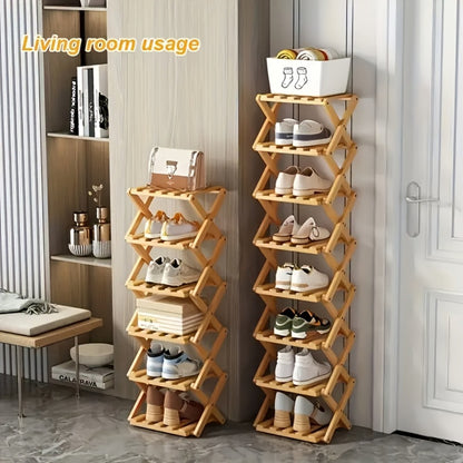 Bamboo Shoe Rack Foldable 2/6/7 Tier Entryway Organizer 20-Second Setup, Space-Saving Eco-Friendly Shoe Shelf for Hallway Closet Bedroom, Natural Charcoal No Tools Required