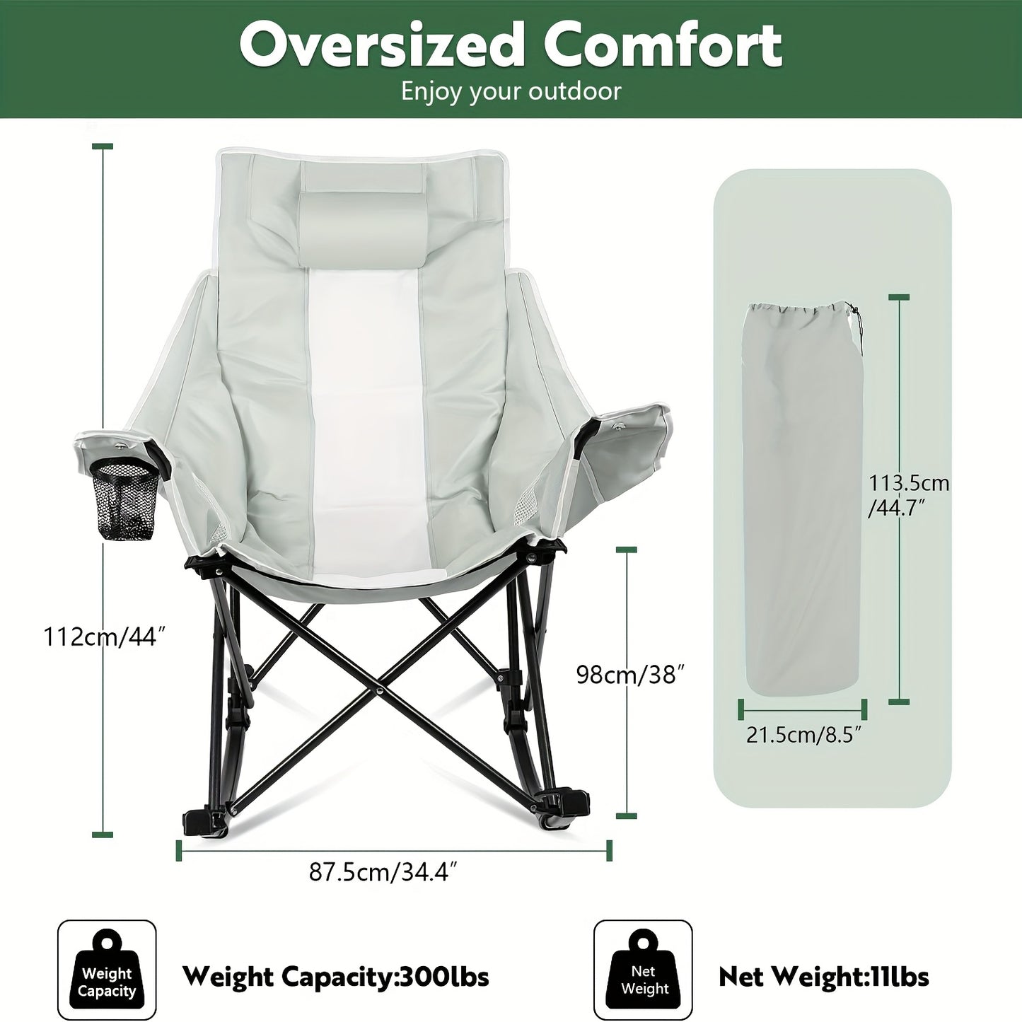 Outdoor Rocking Camping Chair for Adults Heavy Duty, Oversize Portable Folding Rocker Camp, Folding Lawn Chair for Outside Use with Side Pocket, Cup Holder And Cooler Bag