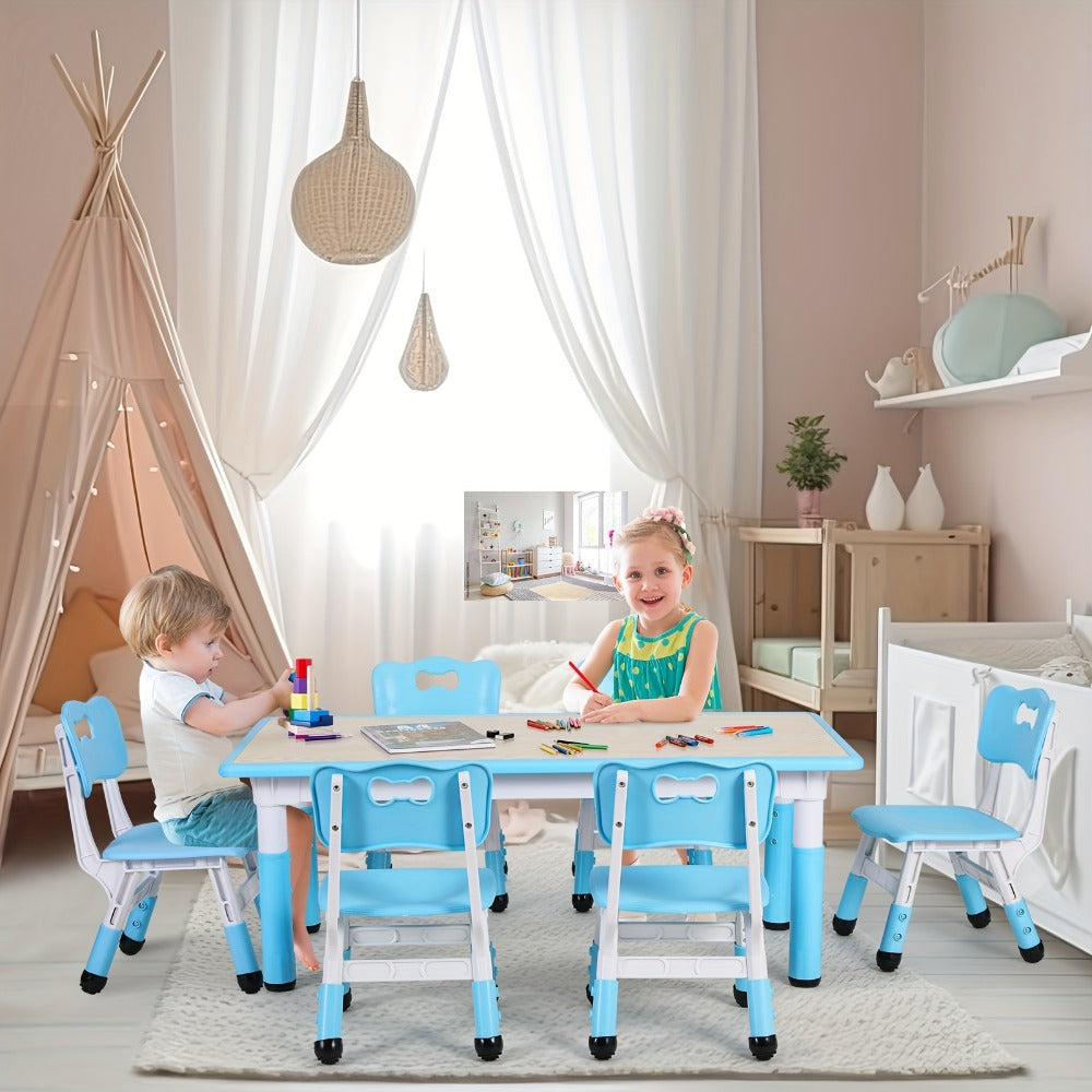 Kids Activity Table & 6 Chair Set, Height-Adjustable with Graffiti Desktop – Preschool Art Table for Reading, Drawing & Eating, Boys & Girls, 4 Colors