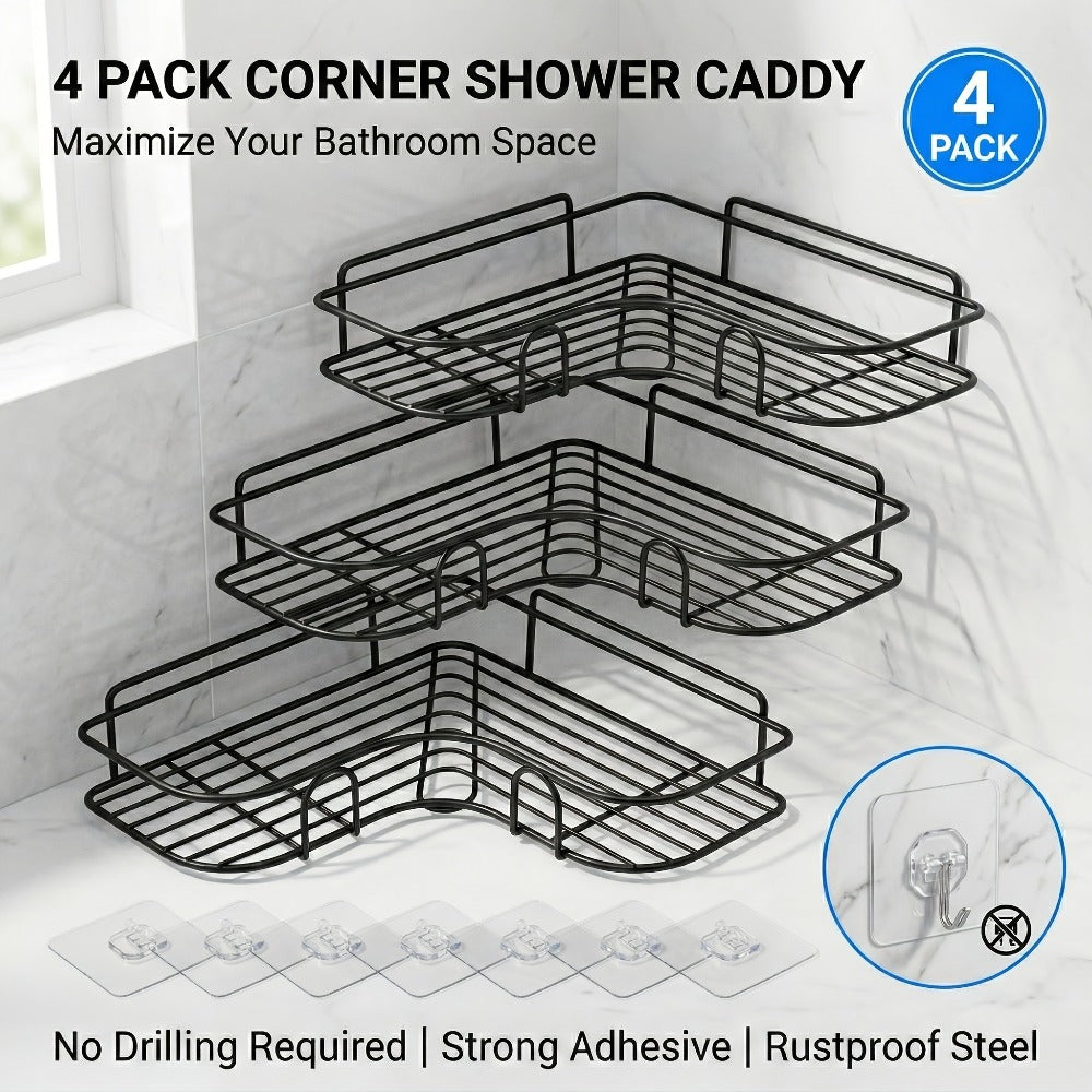 4pcs Bathroom Corner Shelf Set - Wall-Mounted Storage Rack for Shower And Kitchen, Home Use in Black Metal Without Drilling