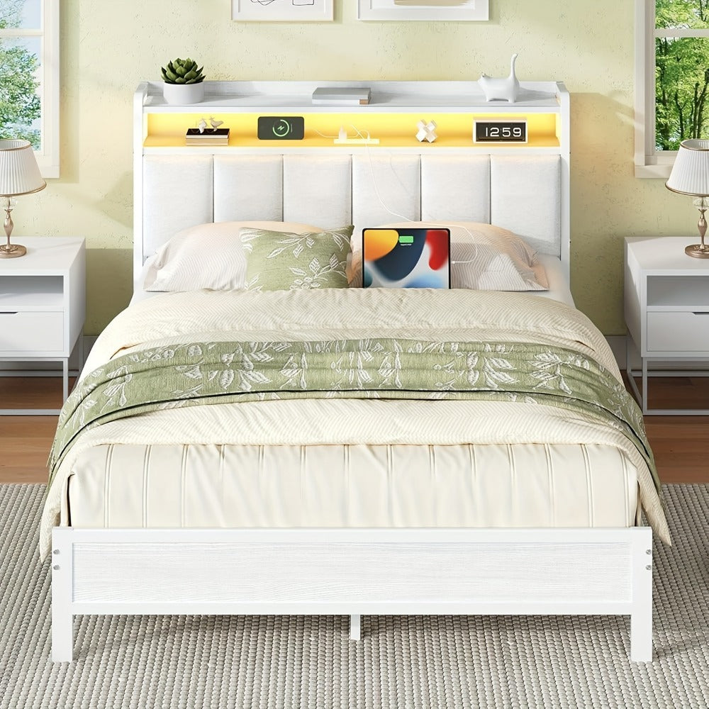 Bed Frame with Storage Headboard LED Lights and Charging Station Twin Full Queen King Heavy Duty Metal Slatted Base No Box Spring White Grey Cream