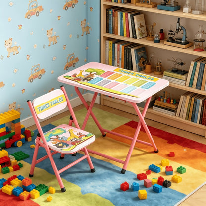 Foldable Kids Table and Chair Set with Cute Patterns, Sturdy Metal Frame Children's Activity Desk for Writing Drawing Playtime, Toddler Table Set for Home Playroom Classroom