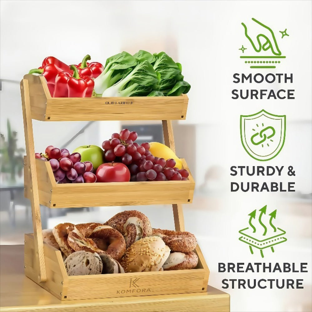 Bamboo Fruit Basket Rack for Kitchen Counter – 2 or 3 Tier Countertop Produce Storage with Ventilation, Removable Hooks & Non-Slip Pads, Natural Wood Organizer for Fruits, Vegetables & Bread