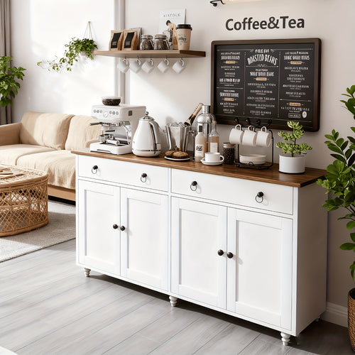 55" Buffet Cabinet, Coffee Bar with 4 Doors And 2 Drawers, Sideboard Cabinet with Adjustable Shelves, Coffee Bar Cabinet for Kitchen, Dining Room, Entryway, White/Black