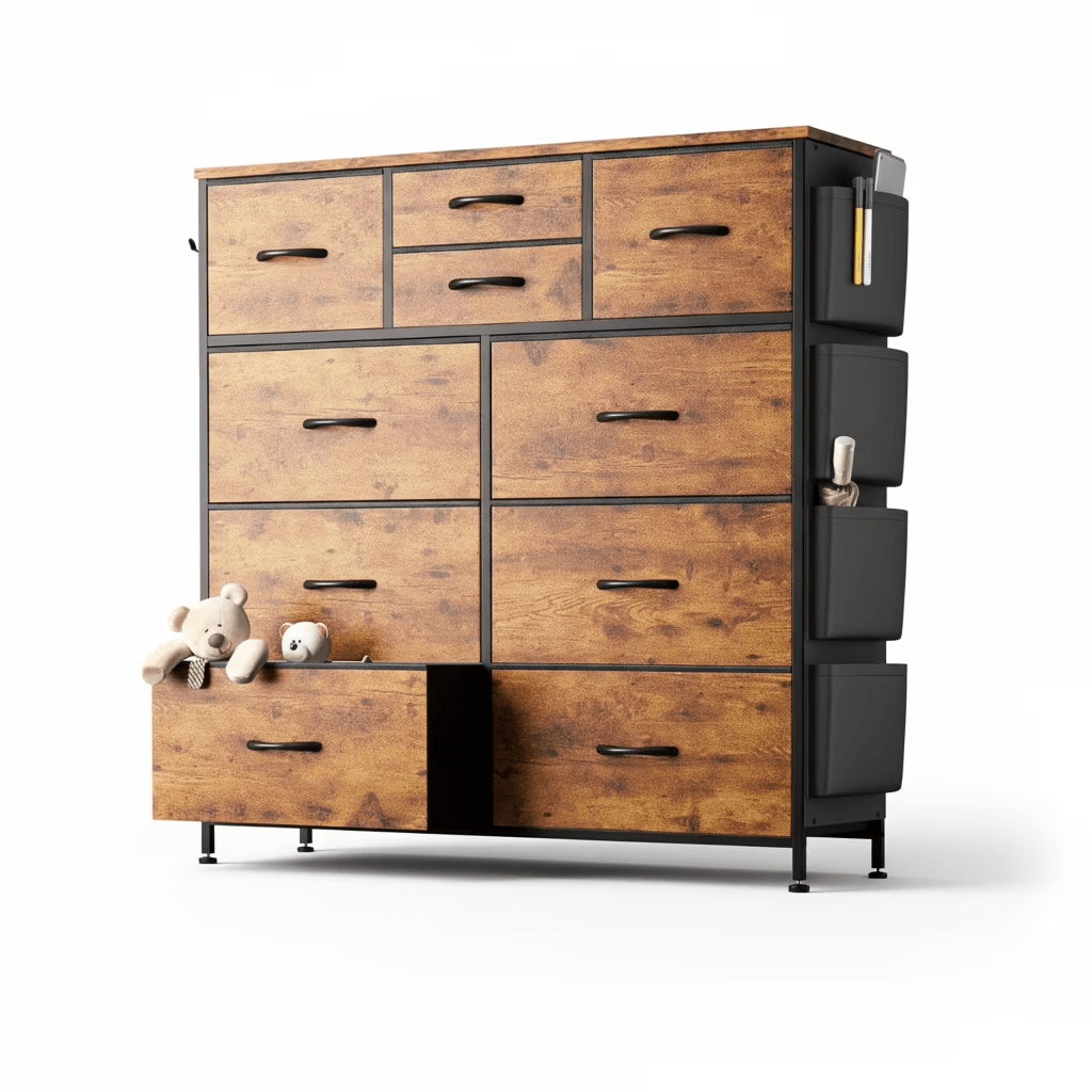 Black Storage Cabinet with Ten Drawers And Side Pockets, Ideal for Organizing Wardrobes in Bedrooms, Hallways, Living Areas, And More