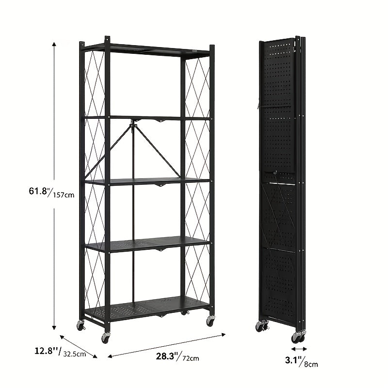 3/4/5-Tier Heavy-Duty Foldable Storage Shelf with Wheeled Shelves for Living Room, Kitchen, Garage, Office, Industrial - Space-Saving Baking Storage Rack Storage And Organization, No Assembly Required Folding Storage Shelf
