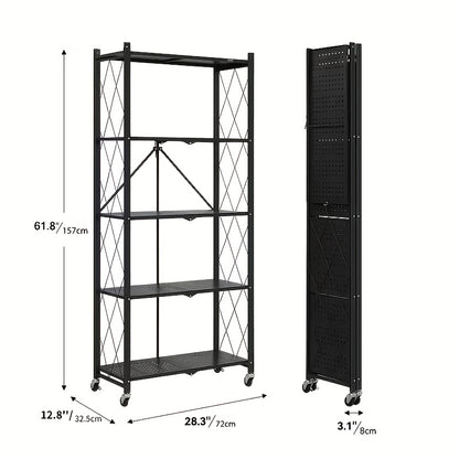 3/4/5-Tier Heavy-Duty Foldable Storage Shelf with Wheeled Shelves for Living Room, Kitchen, Garage, Office, Industrial - Space-Saving Baking Storage Rack Storage And Organization, No Assembly Required Folding Storage Shelf