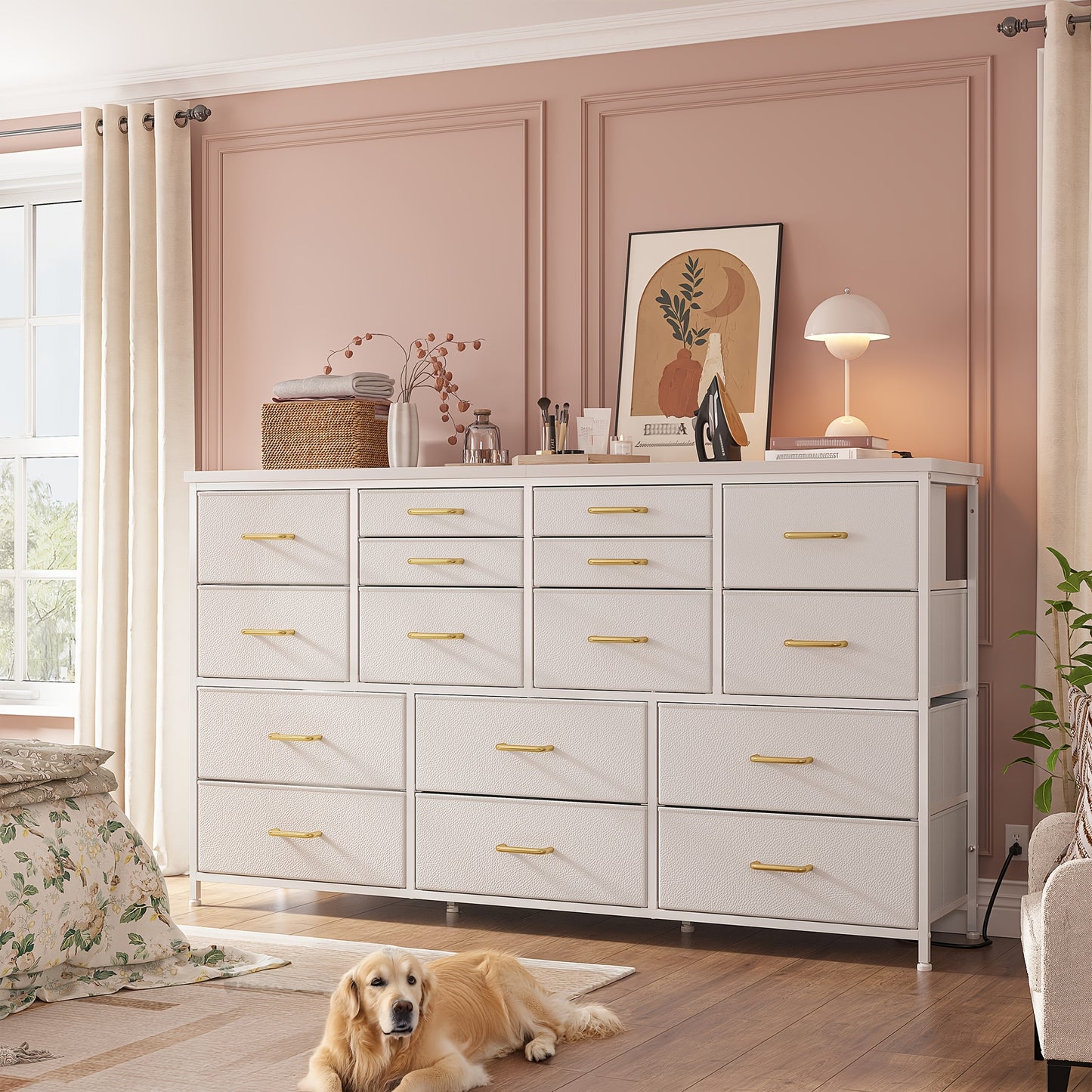 [16 Drawers Storage Cabinet] Fabric Drawer Storage Cabinet, 16 Drawers, Long, Black Wood Grain/White/Tiger Stripe/Medium Gray