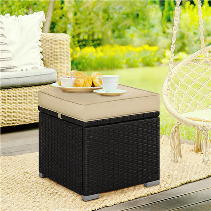 Costoffs 2pcs Rattan Ottomans with Hidden Storage & Removable Cushions, Outdoor Patio Furniture Ottoman Set, Versatile Resin Wicker Footstools, Side Tables, Additional Seating for Garden, Balcony, Deck, Khaki/Gray/Blue