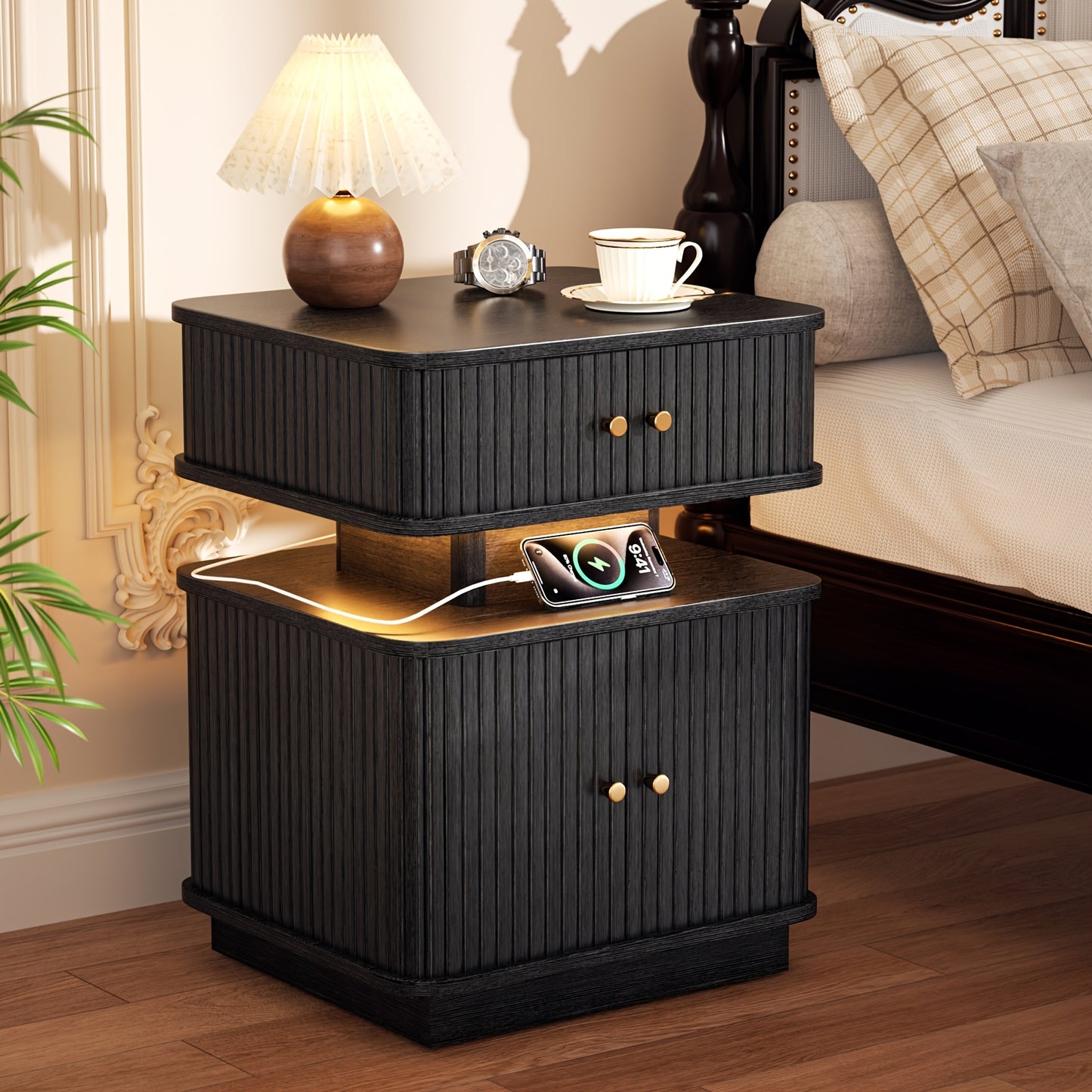 Nightstand With Multifunctional Charging Station | Bedside Table With TypeA+C Ports, Middle Ancient Style End Table With 2 Drawers, Sliding Door & Curvy Edge Design, Made of Engineered Wood, Brown Walnut End