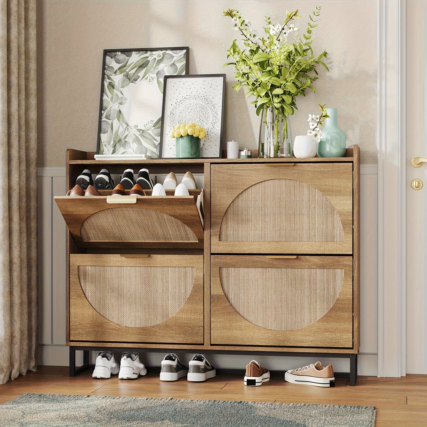 Rustic Oak Rattan Shoe Storage Cabinet, 2/3/4 Flip Drawers Freestanding Narrow Shoe Organizer, Shoe Rack With Sturdy Metal Legs And Hidden Golden Handles, Space Saving Hidden Footwear Storage Furniture Perfect For Entryway Hallway Front Door Home De