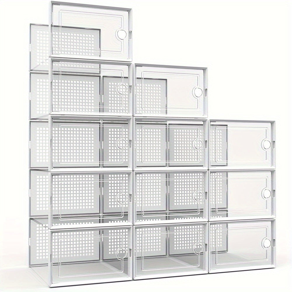 Stackable Shoe Organizer Boxes Clear Plastic with Lid 12/24 Pack, Interlocking Collapsible Shoe Containers for Closet Sneaker Storage, Drop Front Shoe Box in Black White Gray