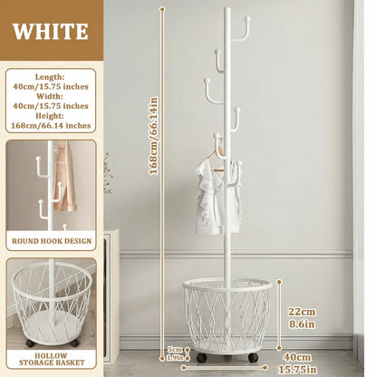 Freestanding Rolling Coat Rack with Storage Basket, Heavy-Duty Metal Garment Hanger with Hooks and Wheels, Space-Saving Clothes Organizer for Entryway Bedroom Living Room
