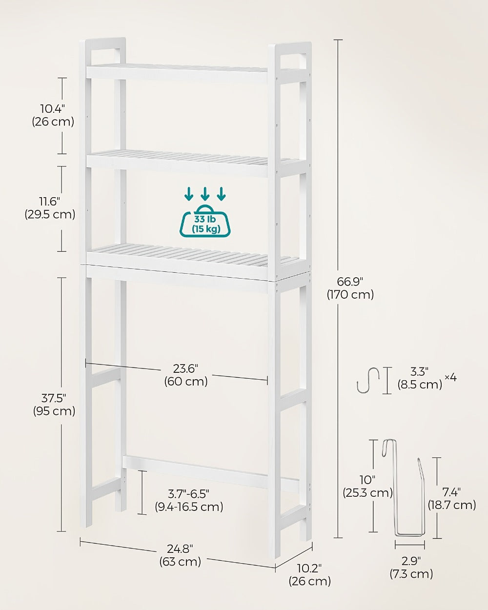 Over The Toilet Shelf Unit 3 Tier Adjustable Rust Resistant Bamboo MDF, Space-Saving Bathroom Organizer for Towels Toilet Paper Toiletries Vertical Storage