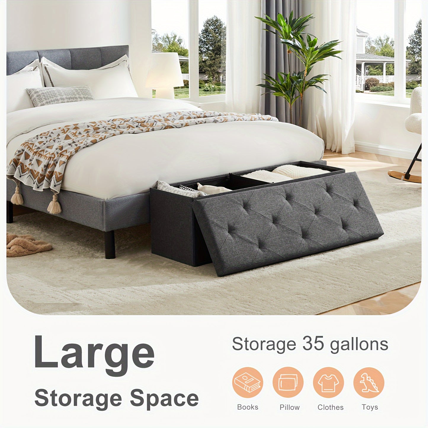 43-Inch Large Folding Storage Ottoman Bench with Padded Seat - Heavy-Duty Footrest & Hidden Compartment, Grey End of Bed Stool for Bedroom/Living Room, Entryway, Holds 660 Lb - Space-Saving Furniture Suitable for Bedroom, Living Room, Entryway