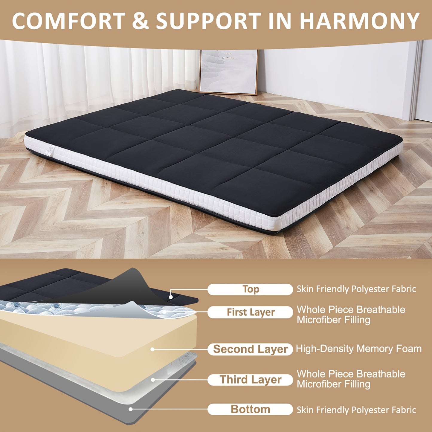 LILYPELLE Japanese Floor Mattress Futon Mattress, Foldable Mattress, Roll Up Mattress Sleeping Tatami Mat Floor Lounger Guest Bed, Easy to Store And Portable for Camping Couch