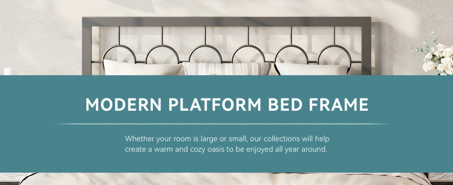 Metal Platform Bed Frame with Vintage Circular Design Headboard and Footboard Under Bed Storage No Box Spring Twin Full Queen King Black Brown