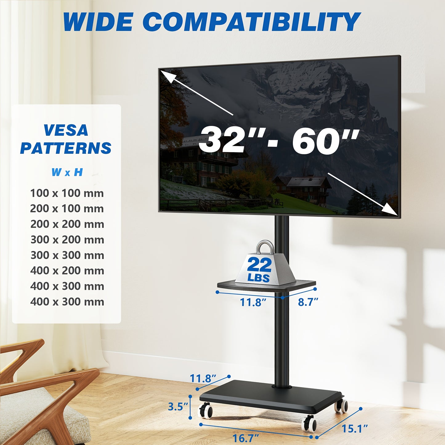 Swivel & Height-Adjustable TV Stand On Wheels: Mobile Cart for 32-60" TVs (88lbs), Space-Saving Design for Corner/Bedroom/Living Room, C