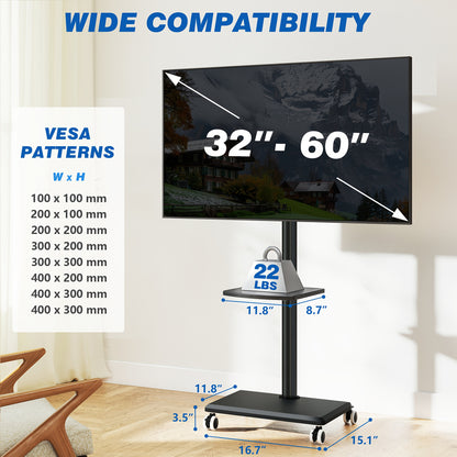 Swivel & Height-Adjustable TV Stand On Wheels: Mobile Cart for 32-60" TVs (88lbs), Space-Saving Design for Corner/Bedroom/Living Room, C