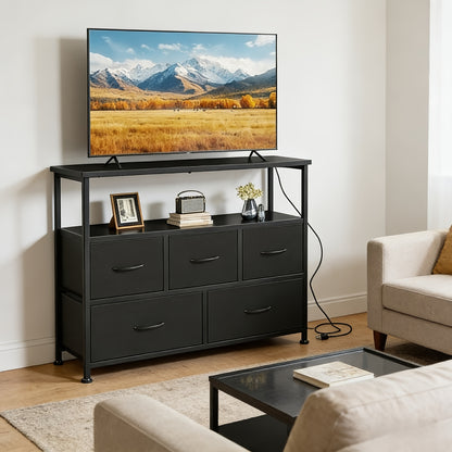 5-Drawer TV Stand Dresser Suitable for 45" Tvs - Media Console Featuring a Charging Station, 2 Shelves, And Storage for Living Room Or Bedroom