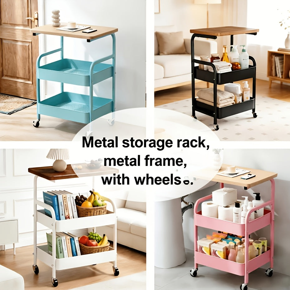 Metal Storage Rack with Solid Wood Tabletop And Wheels, Snack Storage Rack, Durable Steel Frame, Portable Wheels, Multi-layer Cart - for Office Storage And Organization In Bedroom, Kitchen, Bathroom, Office, And Dorm.