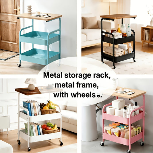 Metal Storage Rack with Solid Wood Tabletop And Wheels, Snack Storage Rack, Durable Steel Frame, Portable Wheels, Multi-layer Cart - for Office Storage And Organization In Bedroom, Kitchen, Bathroom, Office, And Dorm.