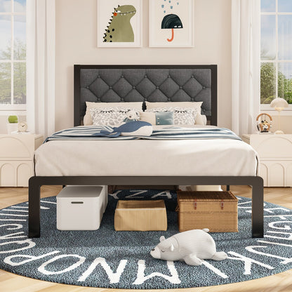 Upholstered Platform Bed Frame with Button Tufted Headboard Noise-Free Steel Slats 12.6 Inch Under-Bed Storage No Box Spring Needed Twin Queen Grey