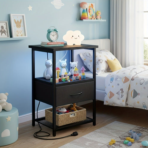 1/2 Bedside Table with Charging Station, LED, and Drawer, PU-finished Nightstand, Suitable for Bedroom, Bedside Table, Bathroom, Black/rustic Brown/white