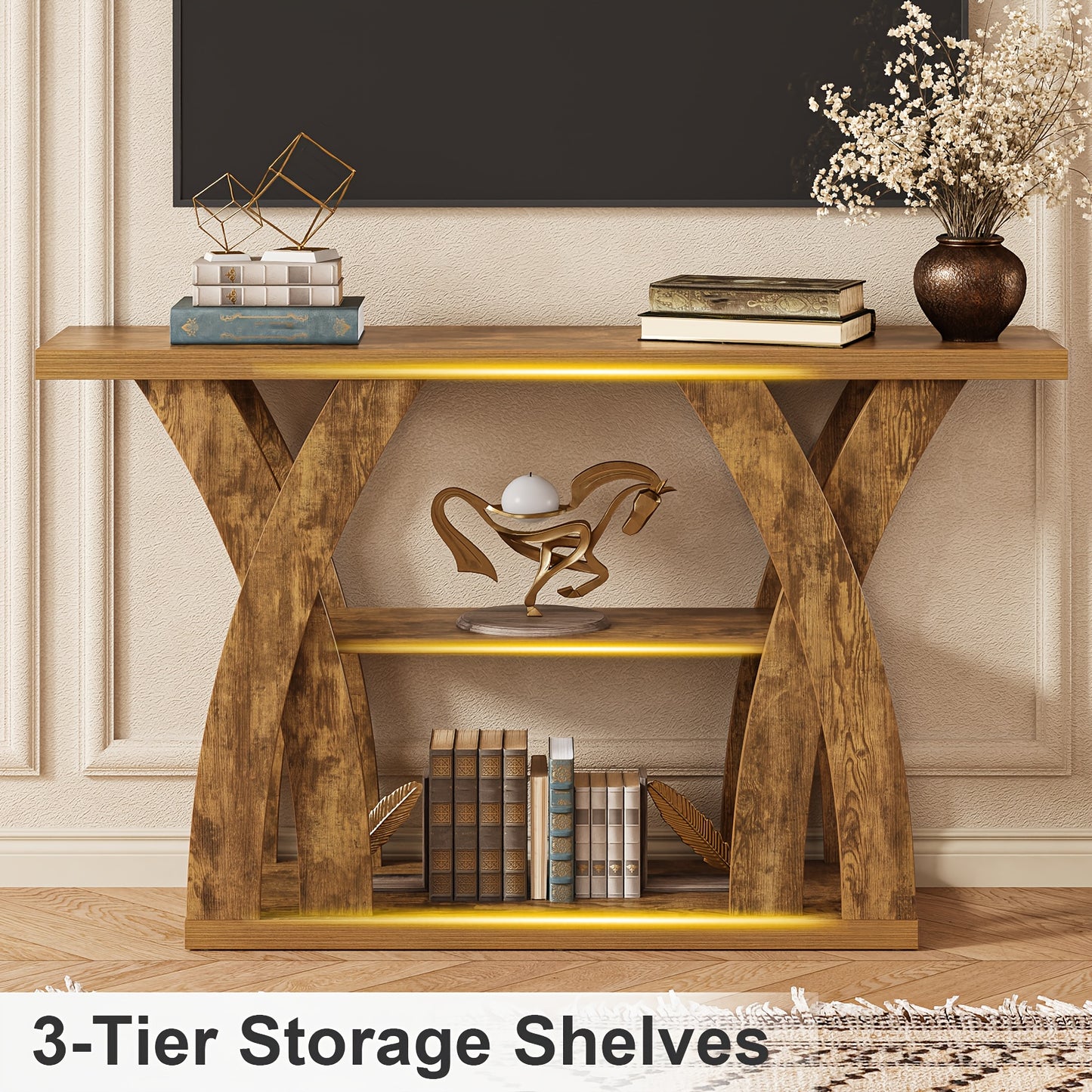 55 "Wooden Rustic Console Table, X-Shaped Leg Design, 2-Tier Shelf. Multifunctional Storage. Suitable for Use Behind The Sofa in The Living Room, in The Corridor, in The Entrance Hall, Or at The Entrance. Light Brown And Tiger Brown