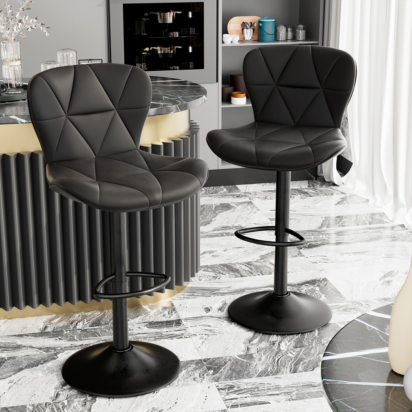 Swivel Bar Stools Set of 1/2/3/4, Adjustable Height Faux Leather Upholstered Counter Stools with Back & Thickened Cushion, Modern Island Barstools for Kitchen, Restaurant & Home Bar – Black White Gray Khaki