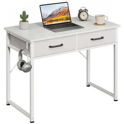 32" Small Computer Desk & Vanity Table with 2 Drawers & Headphone Hook – Compact Writing Desk for Home Office, Bedroom & Study, Modern Space-Saving Design, White or White-Gold