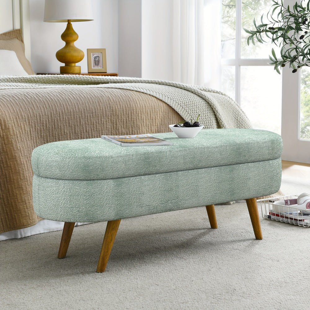 Oval Storage Bench with Linen Upholstery and Solid Wood Legs - Perfect for Hallway, Bedroom, or Living Room Organization